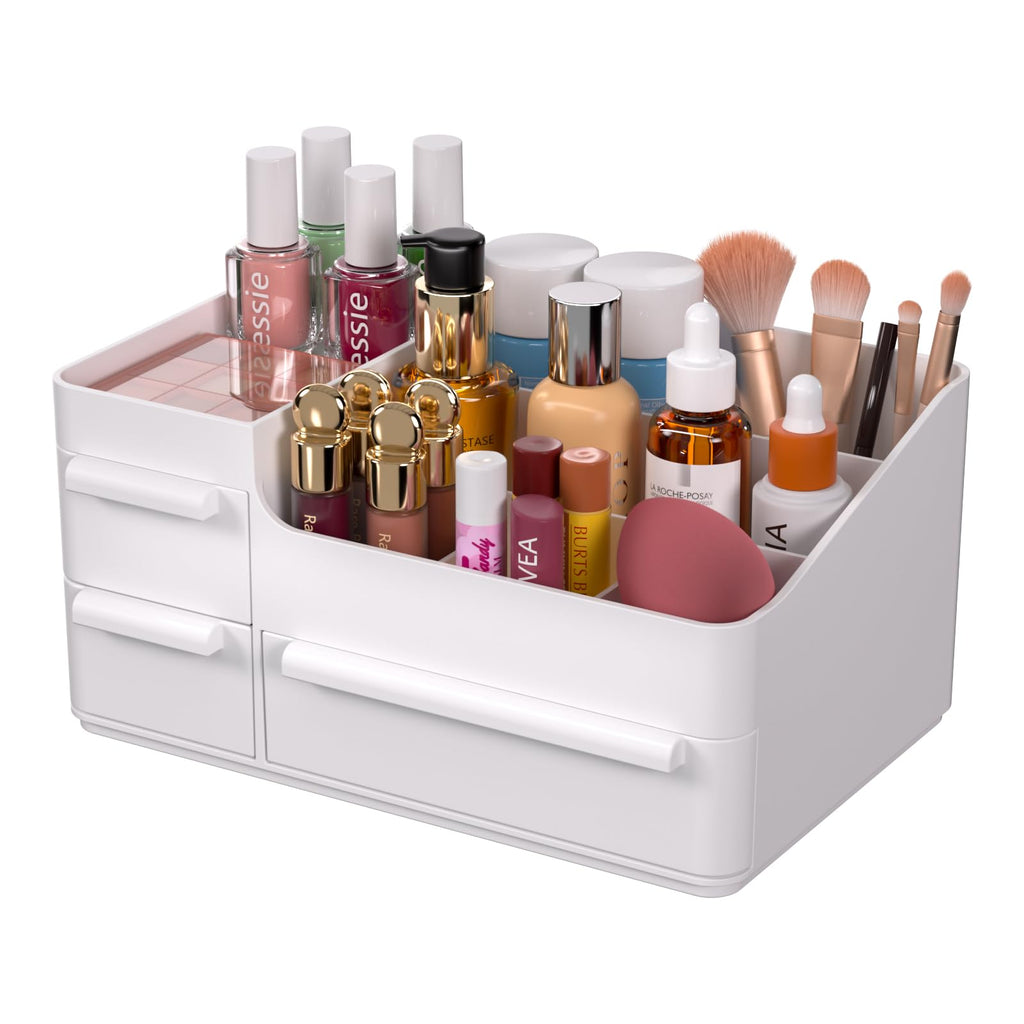 Makeup Desk Organizer, Makeup Organizer With Drawers, Bathroom Countertop Organizer for Cosmetics, Vanity Holder for Lipstick, Makeup Brush Holder/Organizer (White)