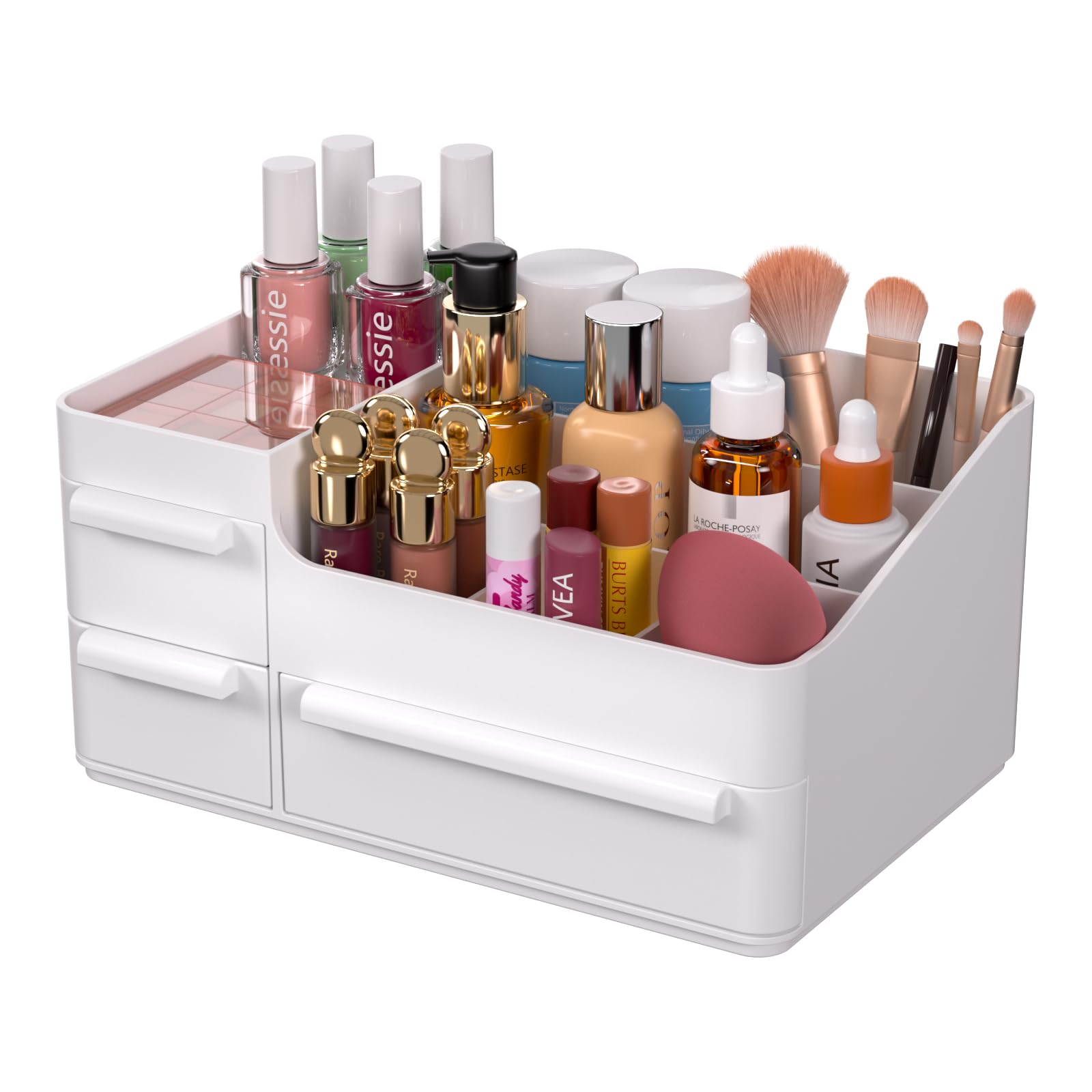 Makeup Desk Organizer, Makeup Organizer With Drawers, Bathroom Countertop Organizer for Cosmetics, Vanity Holder for Lipstick, Makeup Brush Holder/Organizer (White)