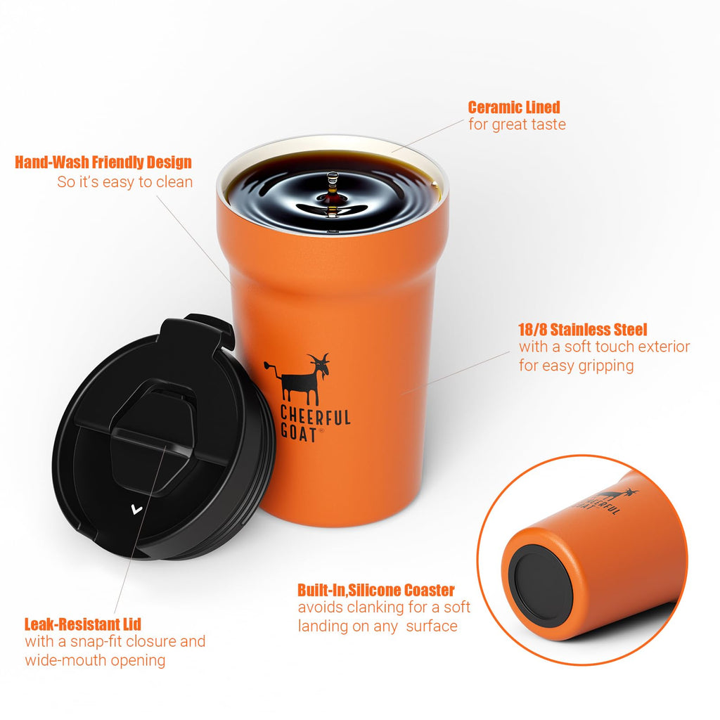 CHEERFUL GOAT Ceramic Lined Coffee Travel Mug – Stainless Steel Travel Coffee Tumbler with Ceramic Liner, with lid, 12oz Coffee Cup for Hot and Cold Water Coffee at Home, Office, or On the Go (Orange)
