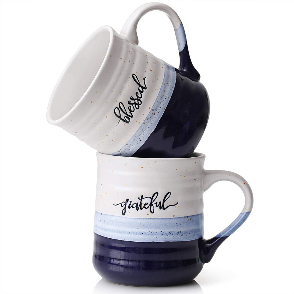 DOWAN 18 oz Large Coffee Mugs, Ceramic Mug Set with Words Blessed Grateful, Easy to Hold, Stylish Texture and Glaze, Dishwasher and Microwave Safe, Thank You Gift for Family Friend, 2 PCS