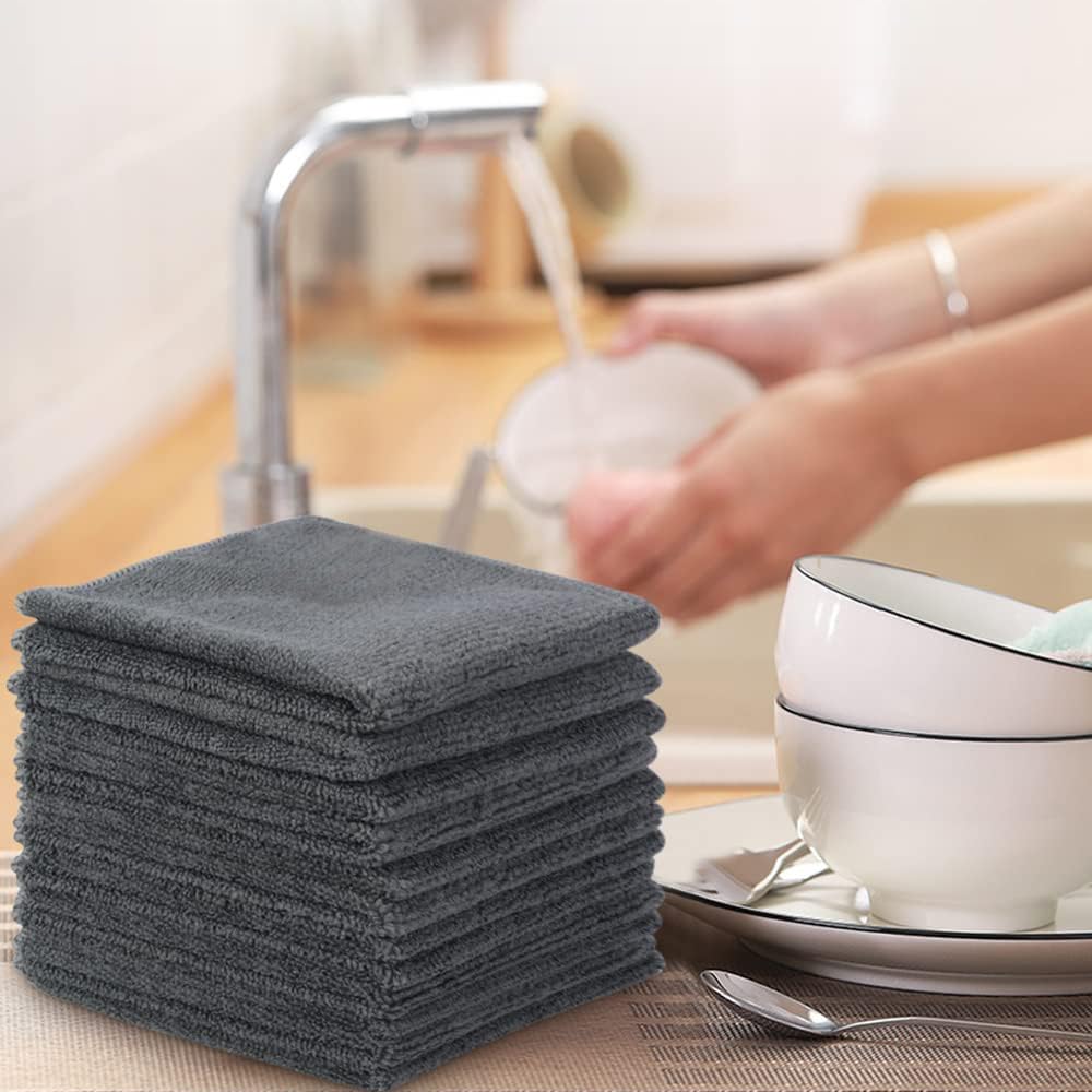 Sinland 12Pack Microfiber Cleaning Cloths All-Purpose Soft Dish Cloth Absorbent Cleaning Rags Lint Less Car Cloth Cleaning Towels for Home, Kitchen, Office 12 Inch X 12 Inch Grey