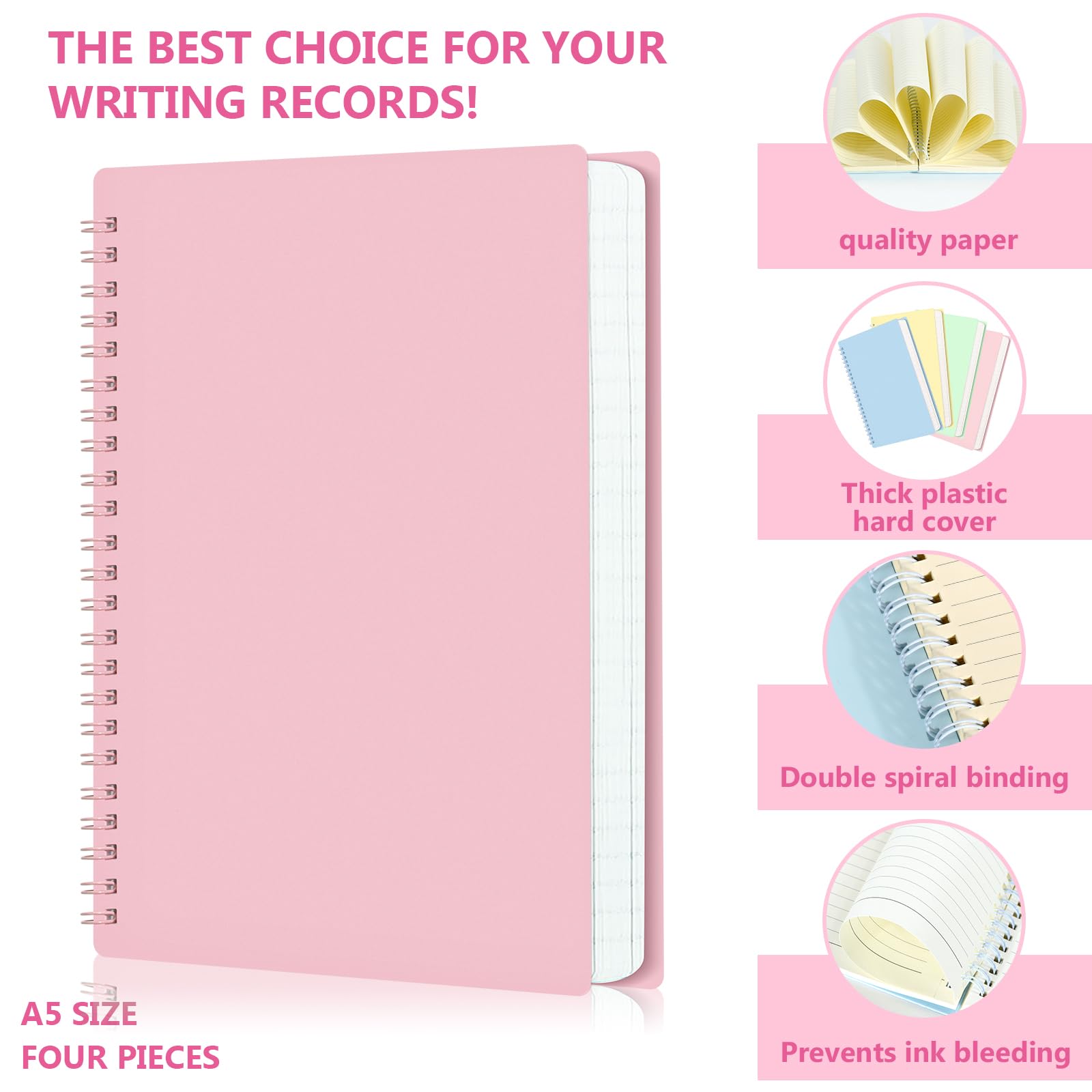 4 Pack Spiral Notebooks,A5 Size Hardcover Spiral Notebook,College Ruled Spiral Notebook,Great Notebook for Work,80 Sheets/160 Pages for Office, School, and Gift