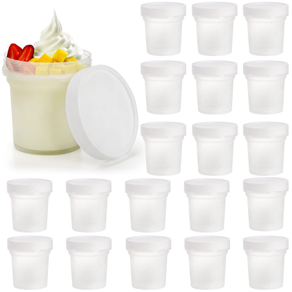 Peohud 20 Pack Ice Cream Containers,10 Oz Plastic FreezerJam Container, Food Storage Jar with Screw Lid, Leak Proof Takeout Container, Reusable Pudding Cups for Fruit, Dessert, Sundaes, Soup, BPA Free