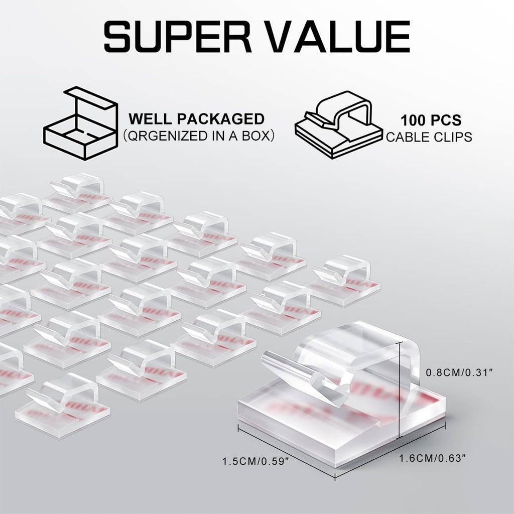 KGROTE 100PCS Cable Clips, Adhesive Wire Holders for Cable Management, Strong Cord Organizers for Desk, Wall, Car, TV, Ethernet Cable (Small-Clear)