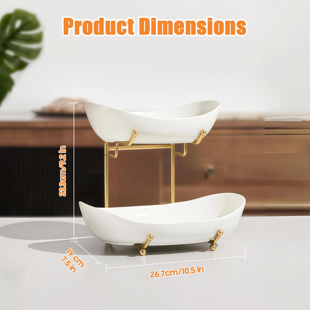 HOMKULA Fruit Bowl for Kitchen Counter - 2 Tier Ceramic Serving Bowls with Metal Stand, Tiered Fruit Basket for Fruit Vegetable Storage, Snack, Nuts, Cake, Dessert, Small & Cute (Gold&White) 1