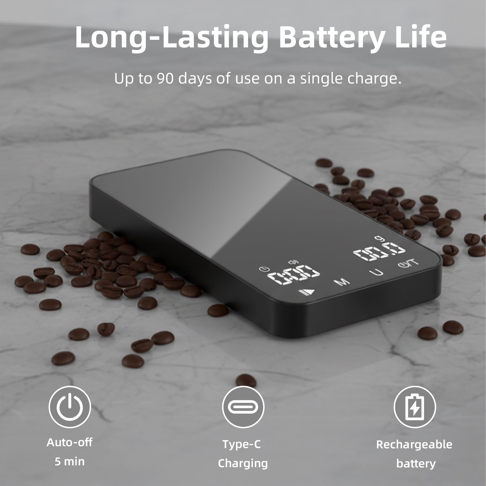 Rechargeable Mini Coffee Scale with Timer, 2kg/0.1g Diyife Espresso Scale with Tare, Buzzer Function, 6 Units, High Precision Portable Digital Accurate Scale for Espresso and Pour-Over Coffee