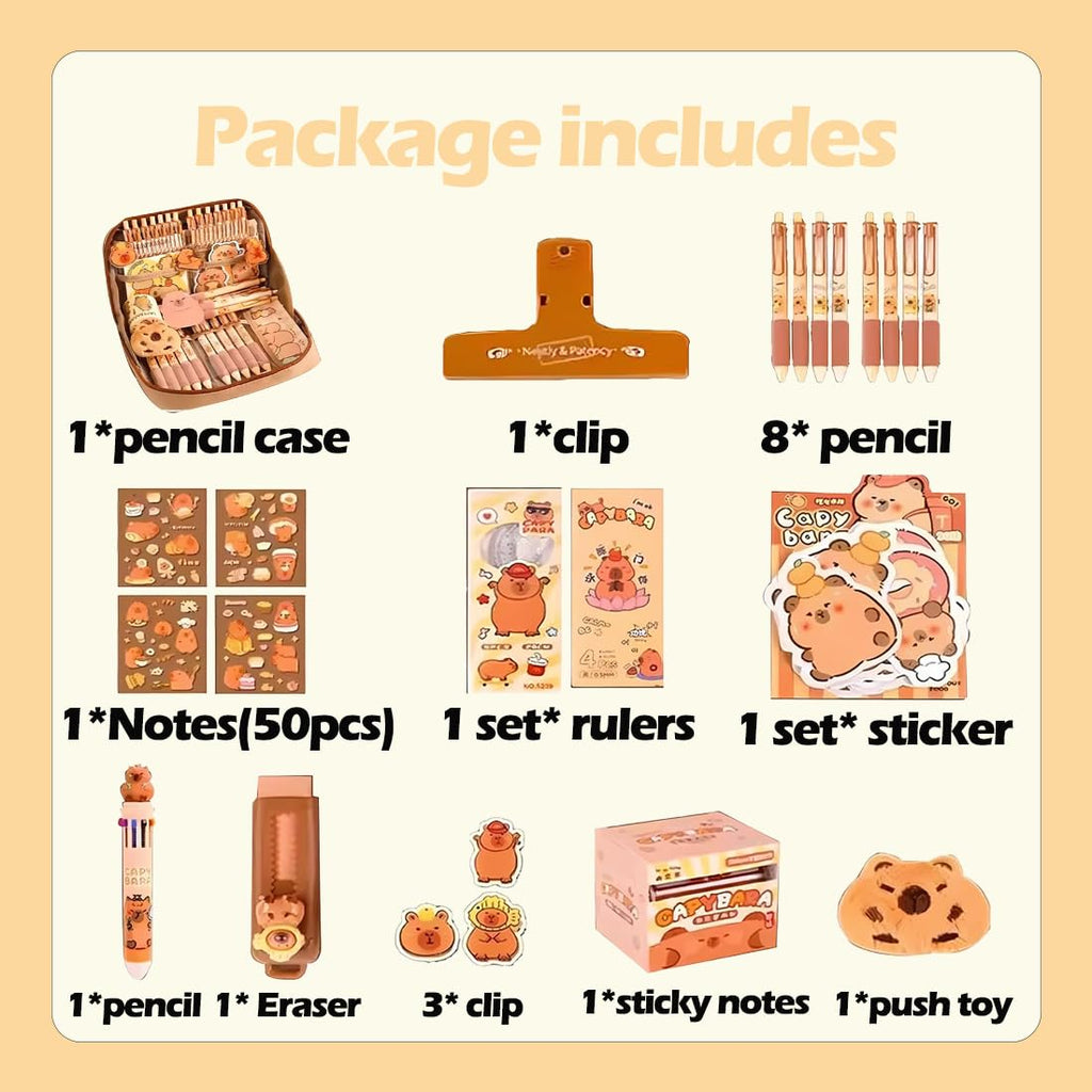 Capybara Pencil Case Stationery Set, Cute Large Capacity Pen Pouch Holds 120 Pens with 12-Layer Design, Complete Back to School Supplies Kit for Middle School Students, Accessories
