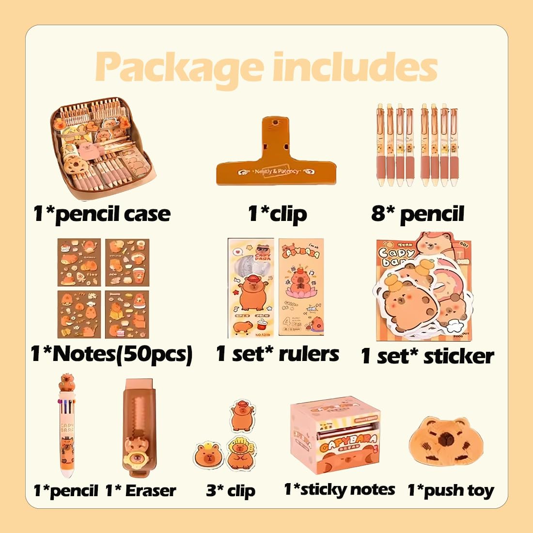 Capybara Pencil Case Stationery Set, Cute Large Capacity Pen Pouch Holds 120 Pens with 12-Layer Design, Complete Back to School Supplies Kit for Middle School Students, Accessories