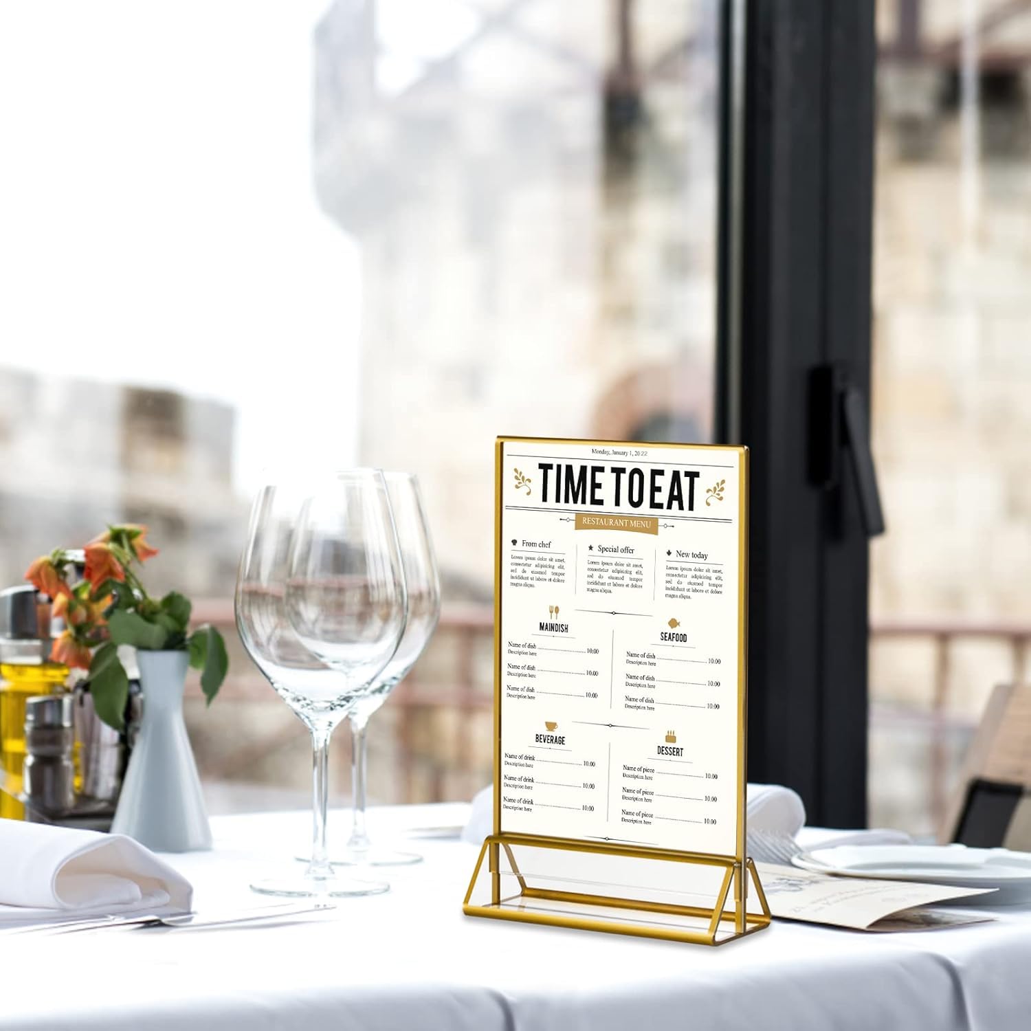 Gold Frames 5 x 7 inch/ 13x18 cm 6 Pack, Acrylic Picture Frame Double Sided Stand, Table Number Sign Set Holders, Clear Menu Flyer Display Floating Desk Stands for Wedding, Party, Restaurant - Vertical
