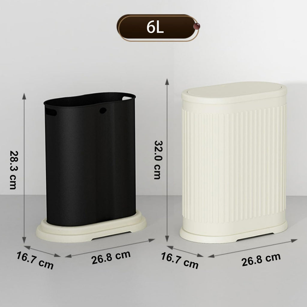 6 Liter Trash Can with Lid, Small Bathroom Trash Can Wastebasket, Slim Garbage Can with Inner Bucket, Press Top Lid Garbage Container Bin for Kitchen, Home, Office, Bedroom, Living Room (Cream Color)