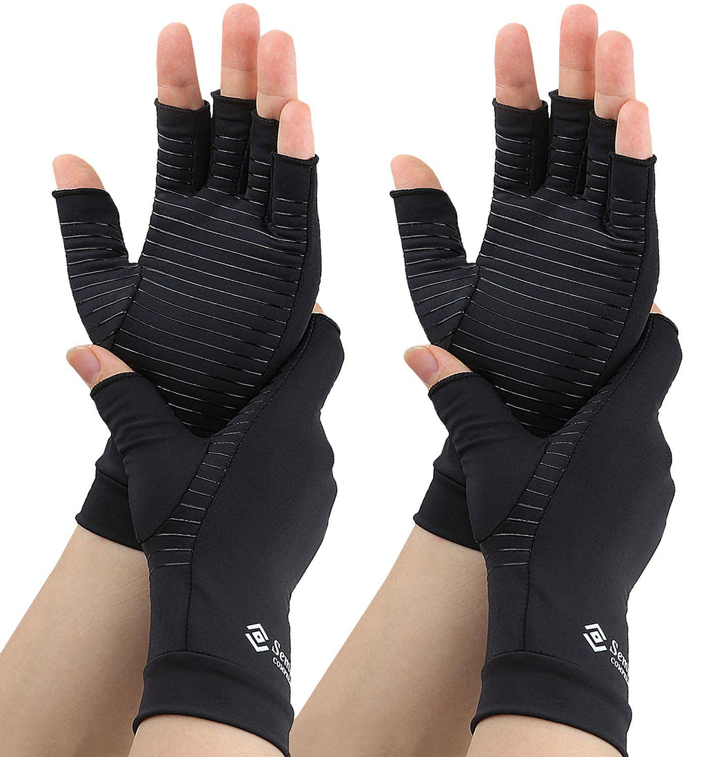 2 Pairs Compression Gloves for Women and Men, Fingerless Copper Arthritis Gloves for Rheumatoid Arthritis Osteoarthritis Carpal Tunnel, Hand Pain Relief and Support, Open Finger (Black, Large)