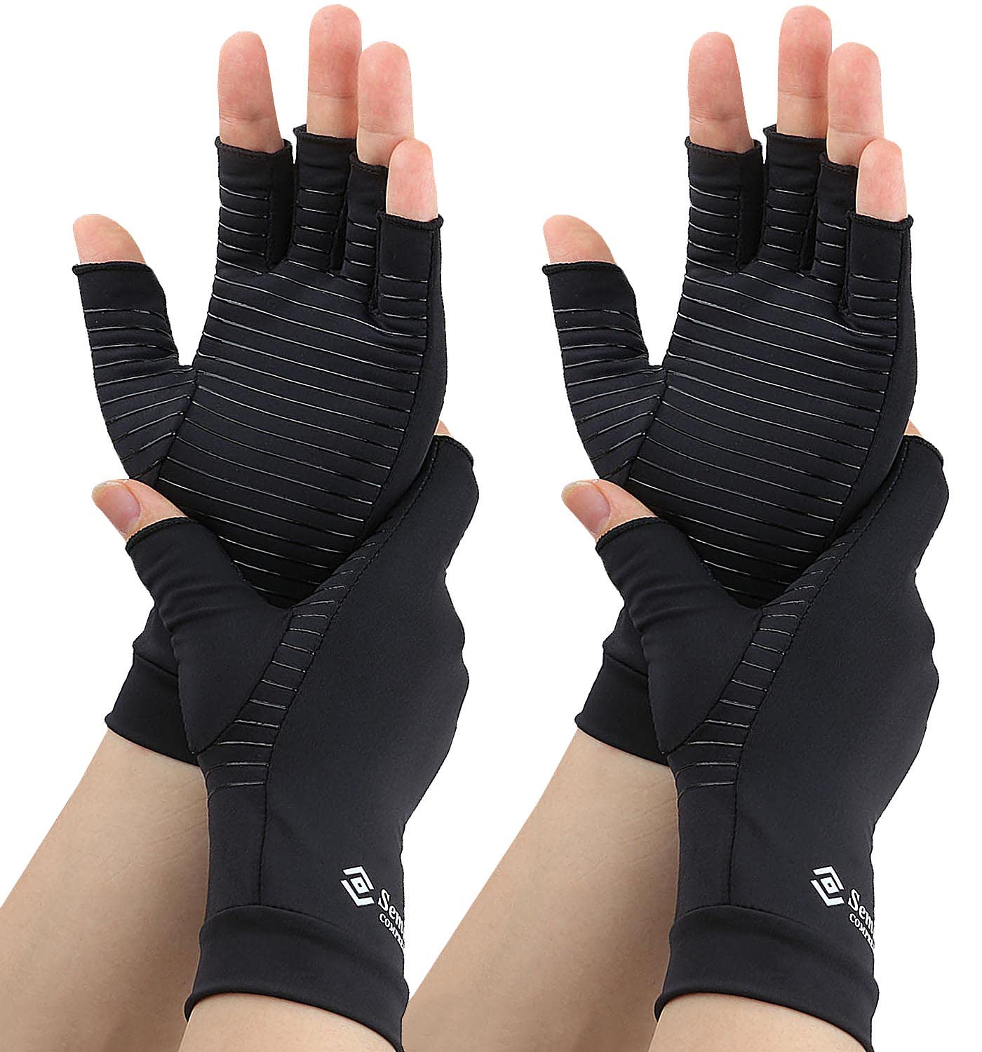 2 Pairs Compression Gloves for Women and Men, Fingerless Copper Arthritis Gloves for Rheumatoid Arthritis Osteoarthritis Carpal Tunnel, Hand Pain Relief and Support, Open Finger (Black, Large)