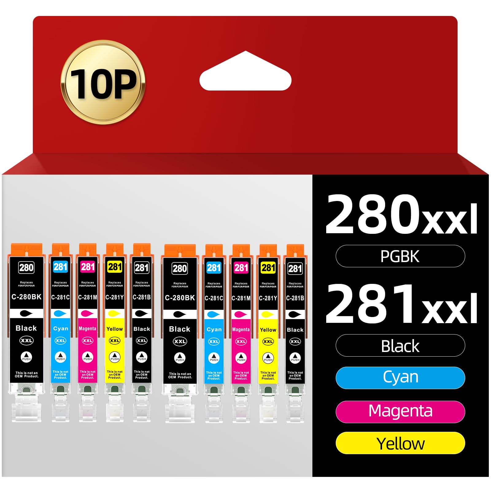 [10 Pack] 280XXL 281XXL Compatible Ink Cartridge Replacement for Canon 280 281 PGI-280XXL CLI-281XXL Work with Pixma TR8620a TR7620a TR8620 TR8520 TR7020a TS702 TR7520 TS9520 TS9120 Printers