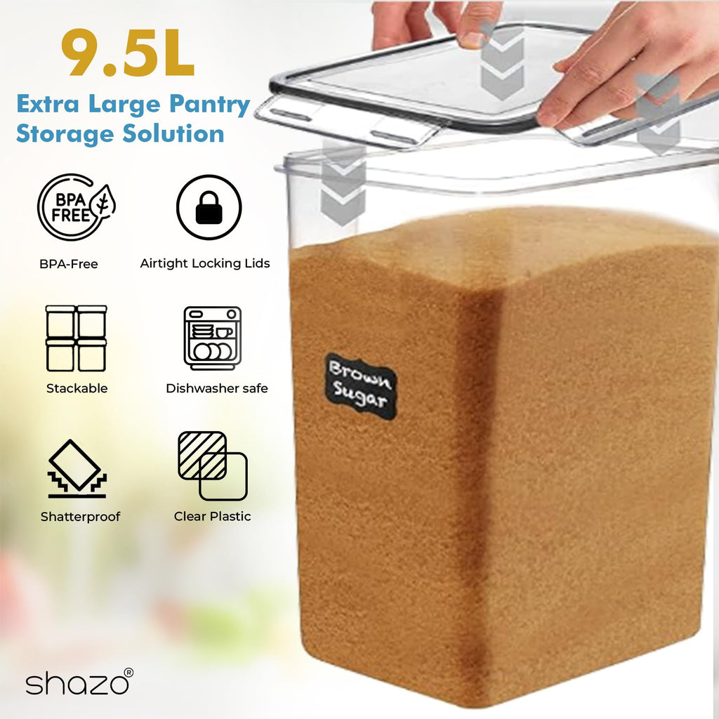 Shazo 2 PC (9.5L | 321 Oz) Flour Sugar Storage Containers - Plastic Extra Large Food Storage Containers with Lids, BPA Free Airtight Kitchen Canister Set for Rice, Cereal & Pasta