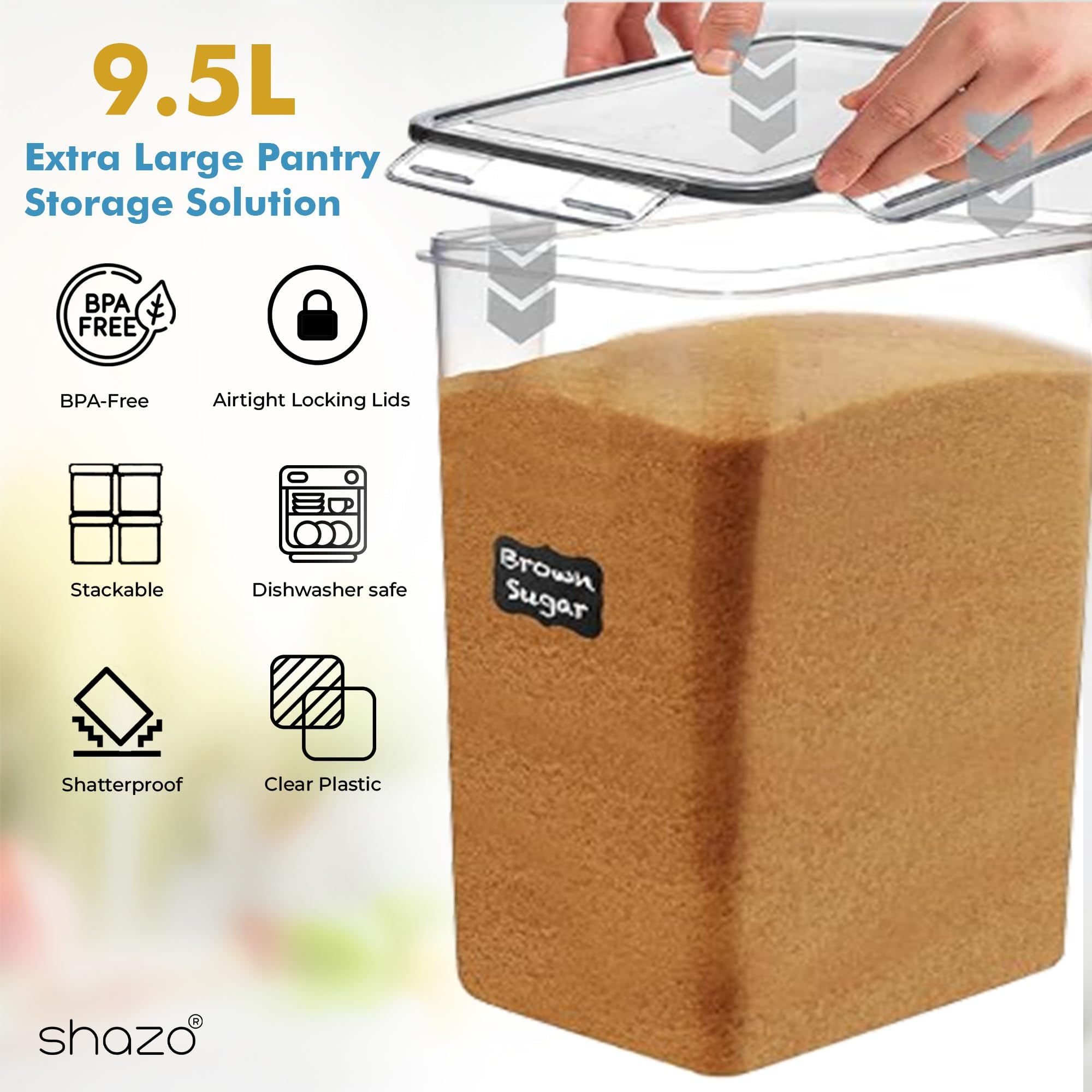 Shazo 2 PC (9.5L | 321 Oz) Flour Sugar Storage Containers - Plastic Extra Large Food Storage Containers with Lids, BPA Free Airtight Kitchen Canister Set for Rice, Cereal & Pasta