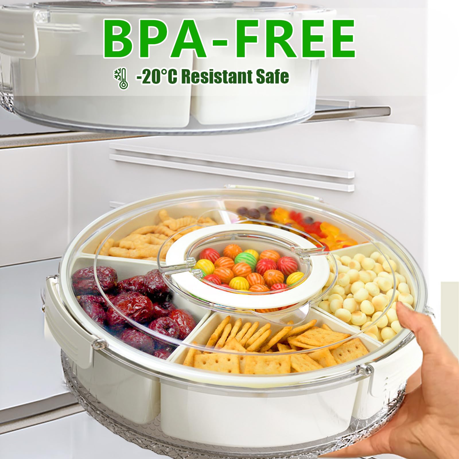 STORICANS Rotating Snack Box Container, Divided Serving Tray with Lid and Handle, Snack Organizer for Adults Fruit Tray, Veggie Tray, Perfect for Party, Entertaining 1 Pack