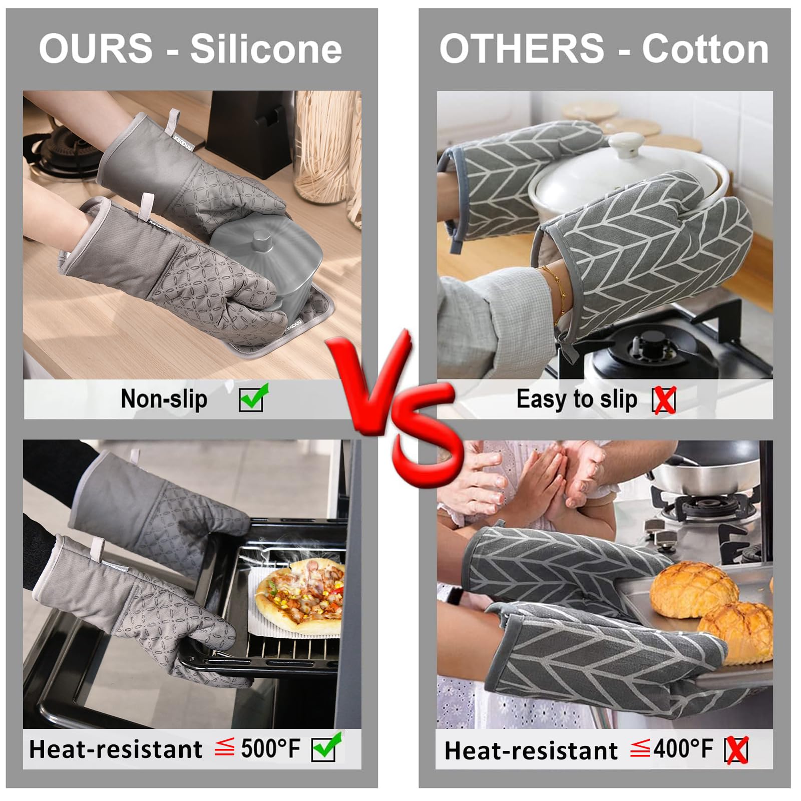 KEGOUU Oven Mitts and Pot Holders 6pcs Set, Kitchen Oven Glove High Heat Resistant 500 Degree Extra Long Oven Mitts and Potholder with Non-Slip Silicone Surface for Cooking