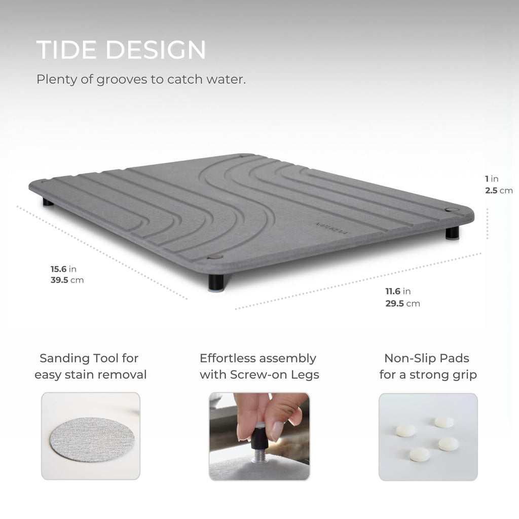 Natureva Stone Dish Drying Mat - Super Absorbent, Quick Dry Diatomite Mats for Kitchen Counter - Made of Natural Diatomaceous Earth Absorbing Water Instantly - Tide - Graphite