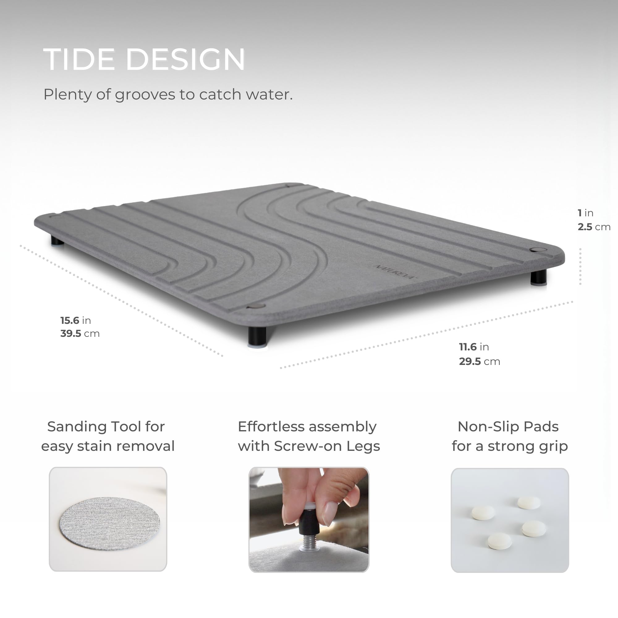 Natureva Stone Dish Drying Mat - Super Absorbent, Quick Dry Diatomite Mats for Kitchen Counter - Made of Natural Diatomaceous Earth Absorbing Water Instantly - Tide - Graphite