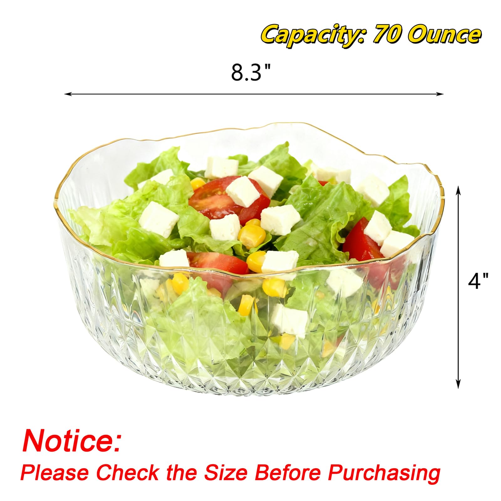 Frcctre 4 Pack Clear Plastic Serving Bowls, 70 Ounce Crystal Salad Mixing Bowl, 9 Inch Round Plastic Bowls Catering Bowls for Party, Salad, Fruit, Snack, Chip, Popcorn
