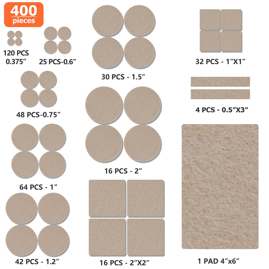 Felt Furniture Pads 400 Pieces, Furniture Pads for Hardwood Floors, Floor Protectors for Furniture Legs, Felt Pads for Furniture, Many Large Sizes Beige