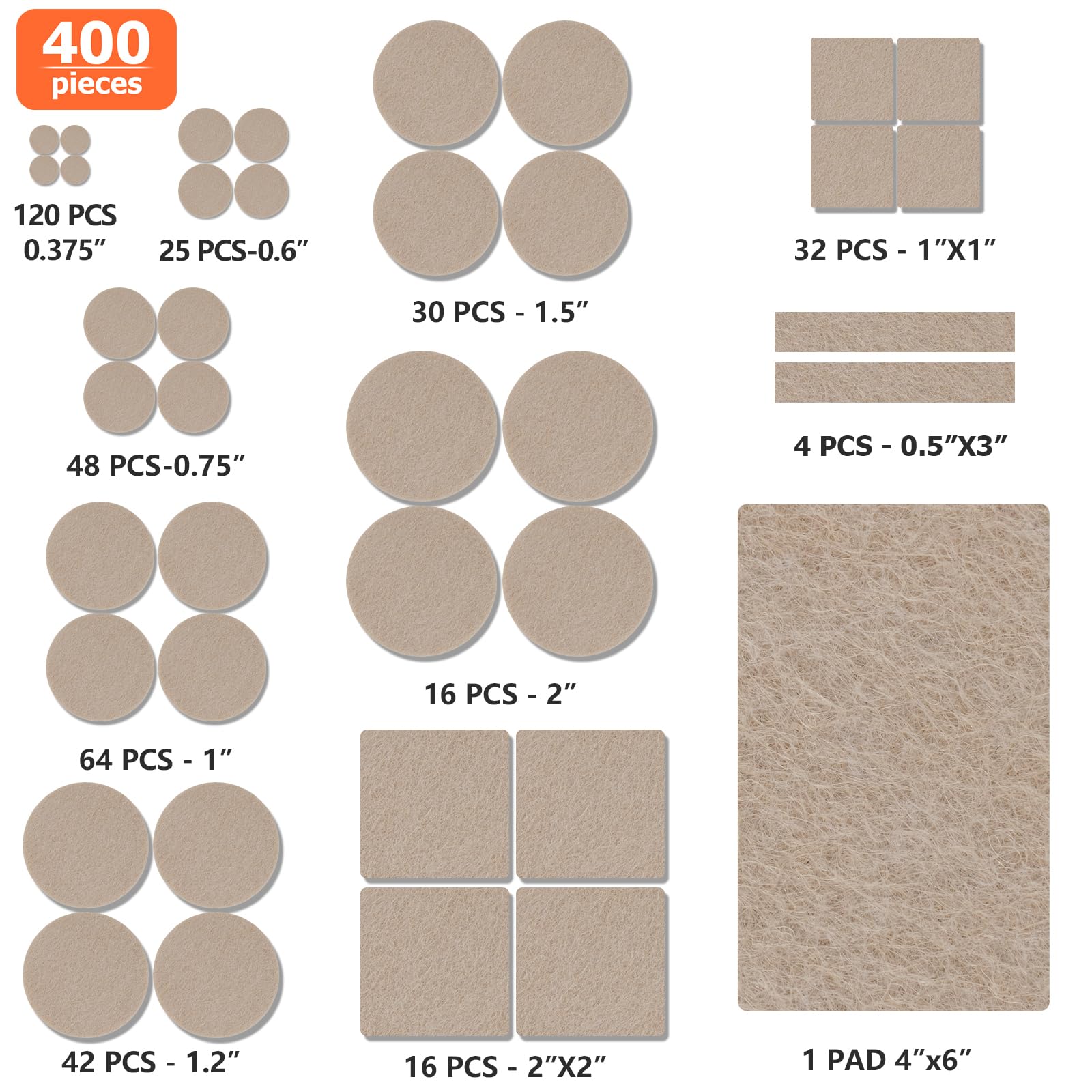 Felt Furniture Pads 400 Pieces, Furniture Pads for Hardwood Floors, Floor Protectors for Furniture Legs, Felt Pads for Furniture, Many Large Sizes Beige