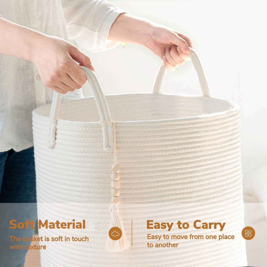 Goodpick Large Laundry Hamper with Handles,Cute Baby Laundry Basket, Tall Laundry Hamper for Clothes, Towels,Woven Rope Toy Storage Basket,Decorative Blanket Basket White, 16 x 20 inches