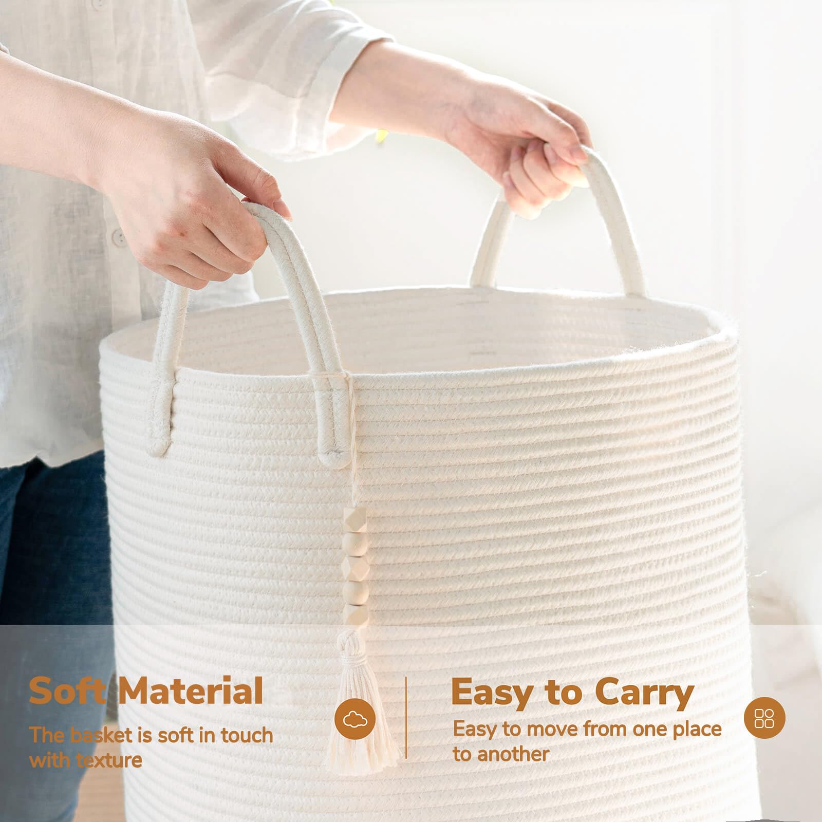 Goodpick Large Laundry Hamper with Handles,Cute Baby Laundry Basket, Tall Laundry Hamper for Clothes, Towels,Woven Rope Toy Storage Basket,Decorative Blanket Basket White, 16 x 20 inches