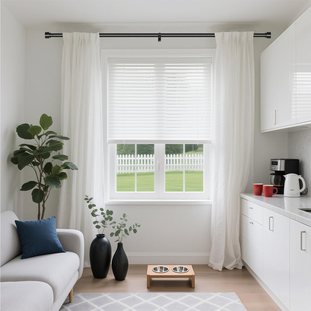 Modern Black Curtain Rods for Windows 48 to 84 Inch, 1" Diameter Adjustable Heavy Duty Window Treatment Rods with Matte Black End Cap Finials, Decorative Drapery Rods, Easy Installation