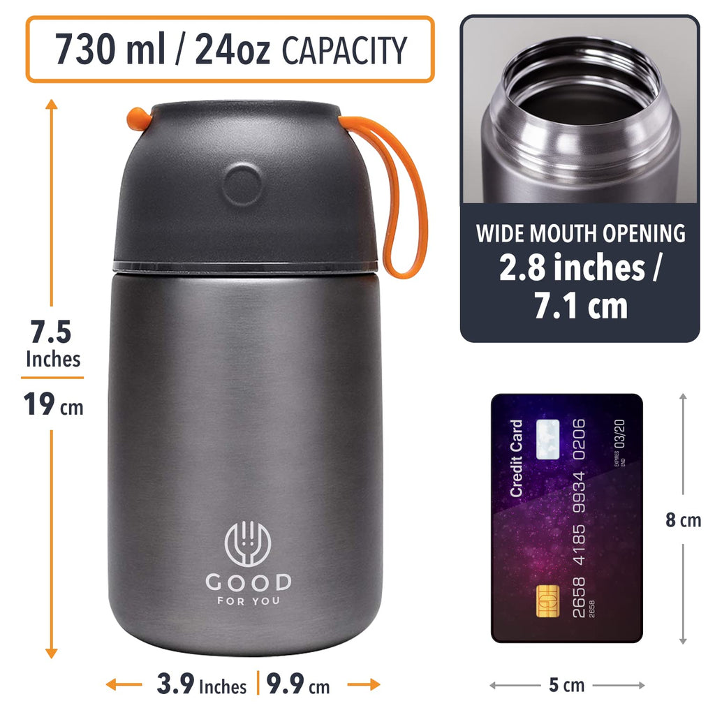 Insulated Food Flask - 730ml Stainless Steel Jar for Hot and Cold Meals – Double-Wall Insulation, Thermal Food Container for School, Office, Travel, Camping - Foldable Spoon, Bag - Grey - 24.7 oz
