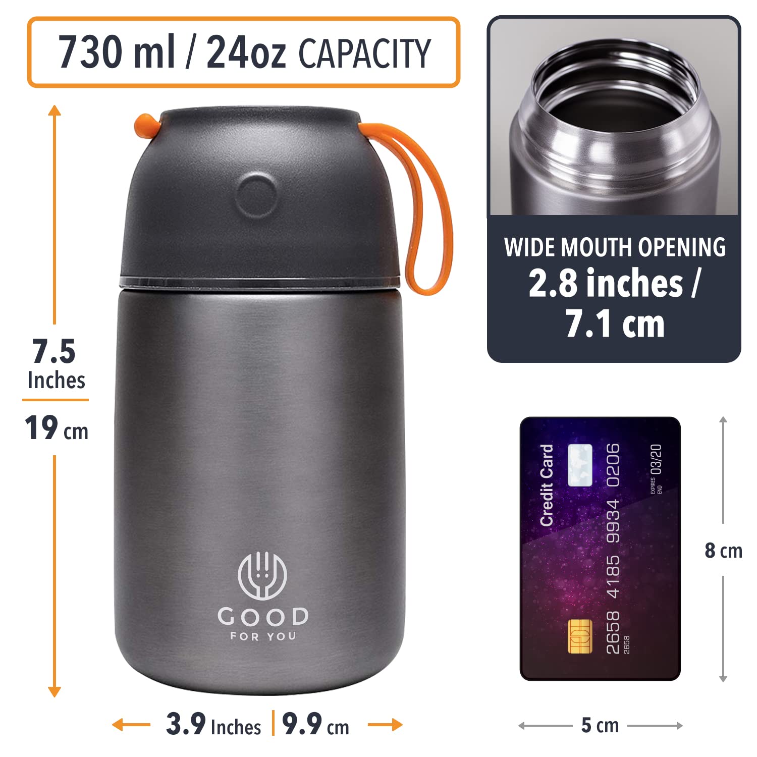 Insulated Food Flask - 730ml Stainless Steel Jar for Hot and Cold Meals – Double-Wall Insulation, Thermal Food Container for School, Office, Travel, Camping - Foldable Spoon, Bag - Grey - 24.7 oz