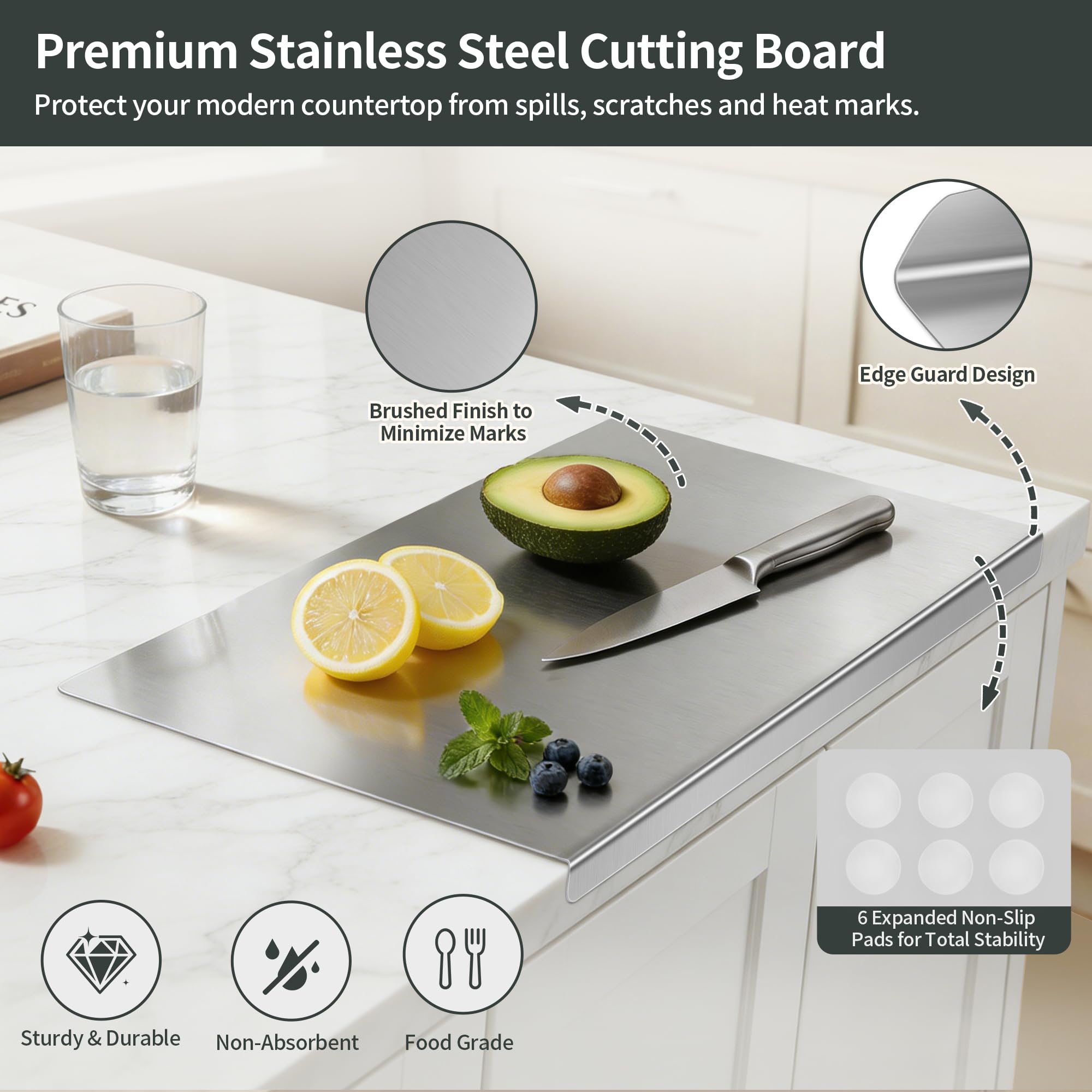 Stainless Steel Cutting Board for Kitchen, Metal Cutting Board with Counter Lip Dishwasher Safe Chopping Board for Meat, Fish, Vegetables, Fruits, Bread, Pastry (40 x 30cm/ 16 x 12 in)