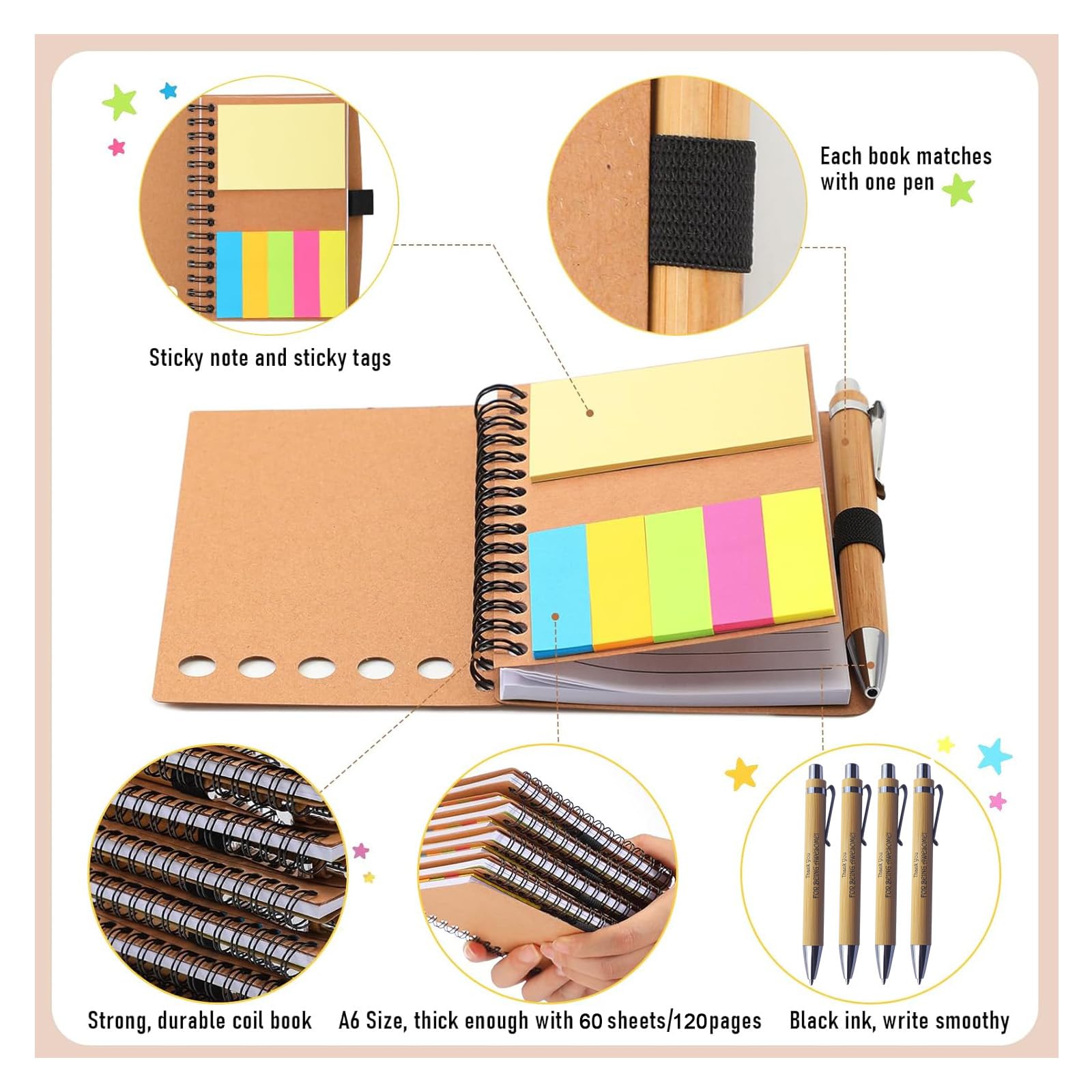 12 Sets Employee Appreciation Inspirational Spiral Notebook Journal with Sticky Note Notepad Motivational Bamboo Ballpoint Pen Bulk for Nurse Teacher Student Coworker Thank You Present
