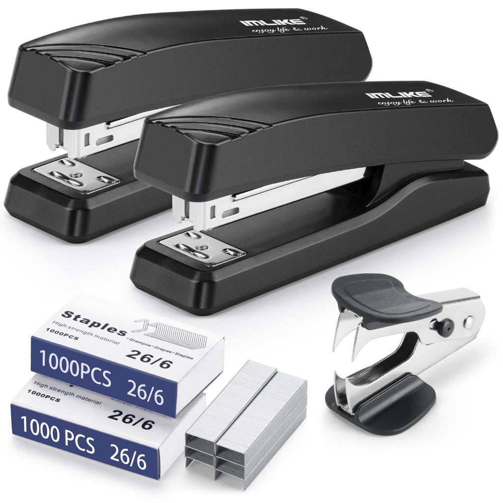 Desktop Office Stapler with 2000 Staples: IMLIKE Half Strip Desk Staplers, take 26/6 Staples 25 Sheets Capacity , Metal Construction, Non-Slip Base, Black, 2-Pack