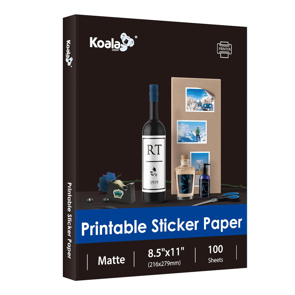 Koala Sticker Paper, Matte White, 100 Sheets 8.5x11 Inch Printable Full Sheet Label Paper for Inkjet Printers
