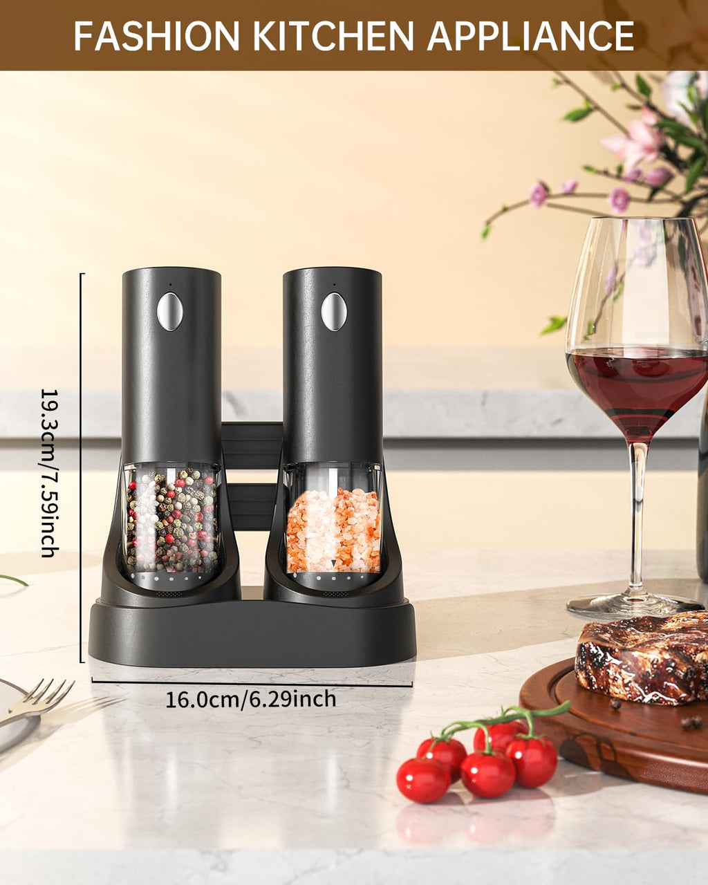 CIRCLE JOY Electric Rechargeable Salt and Pepper Grinder Set with Easy-to-Carry Dual Charging Base, Externally Adjustable, 100 ml Large Capacity, LED Light, Black