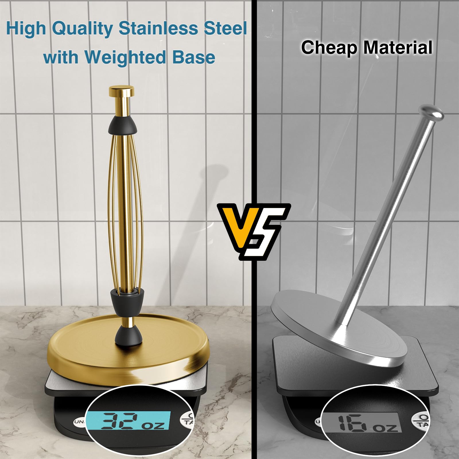 Paper Towel Holder Countertop, One-Handed Tear, Stainless Steel, Weighted Base, Porte Essuie Tout with Ratchet Mechanism for Kitchen Bathroom Decor Accessories, Gold