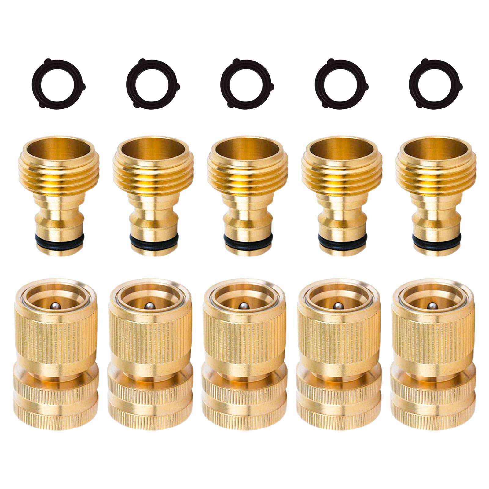 Primachen Garden Hose Quick Connectors Solid Brass 3/4 inch GHT Easy Connect Fittings No-Leak Water Hose Male Female (5 Sets)