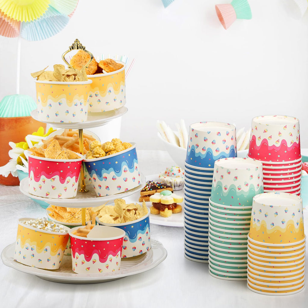 Lawei 100 Pack Ice Cream Cups, 8 Oz Disposable Paper Ice Cream Sundae Bowls for Cold and Hot Foods, Party Supplies Treat Cups dessert bowls for Ice Cream, Sundae, Frozen, Yogurt, Soup, Snack, 4 Colors