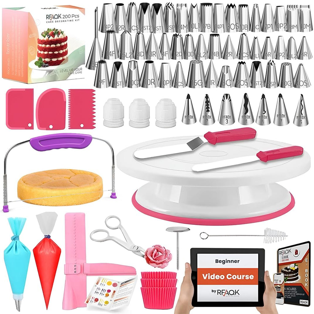 RFAQK 200 PCs Cake Decorating Kit with Cake Turntable-48 Numbered Easy to use Icing Tips-7 Korean Tips with Booklet & E.Book-Straight & Offset Spatula-Cake Leveler & Other Baking Supplies