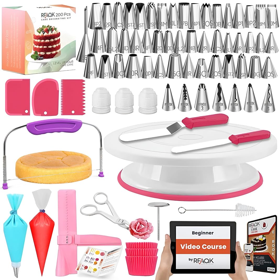 RFAQK 200 PCs Cake Decorating Kit with Cake Turntable-48 Numbered Easy to use Icing Tips-7 Korean Tips with Booklet & E.Book-Straight & Offset Spatula-Cake Leveler & Other Baking Supplies