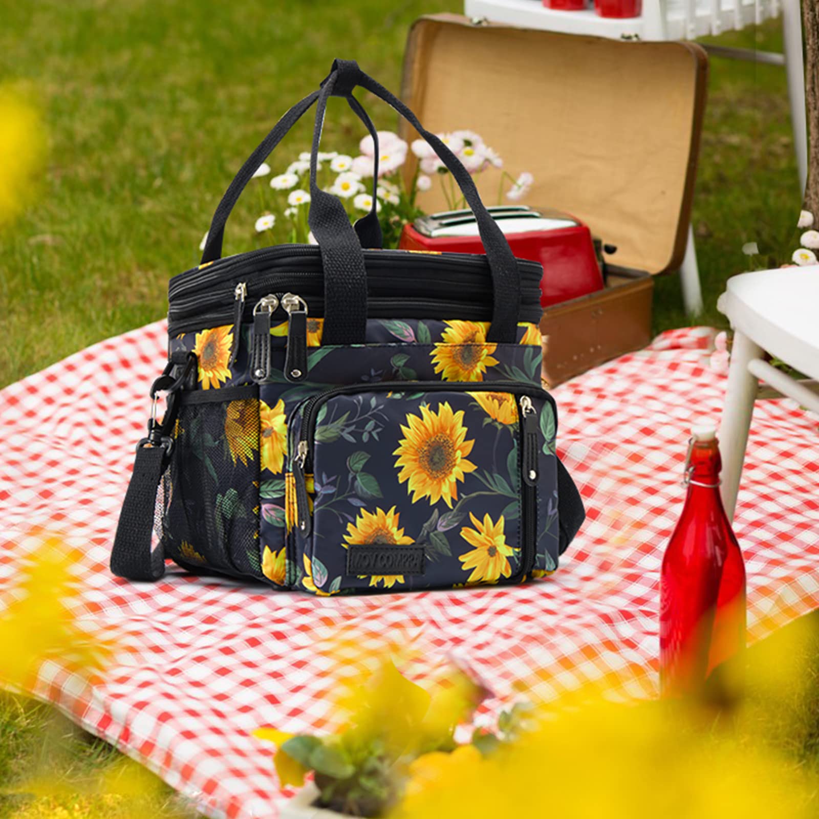 Lunch Bag for Women Men Double Deck Lunch Box,Expandable Large Lunch Bags,Leakproof Lunch Box Cooler Bag (Sunflower)