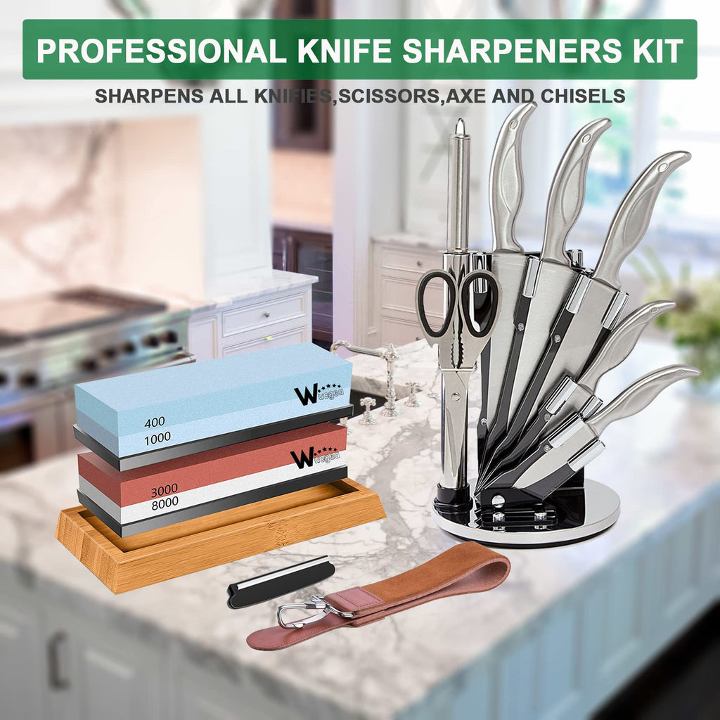 Wucgea Knife Sharpening Stone Kit - 400/1000 3000/8000 Grit Japanese Whetstone Sharpener Set with Non-Slip Rubber Base Angle Guide Flattening Stone and Leather Strop…