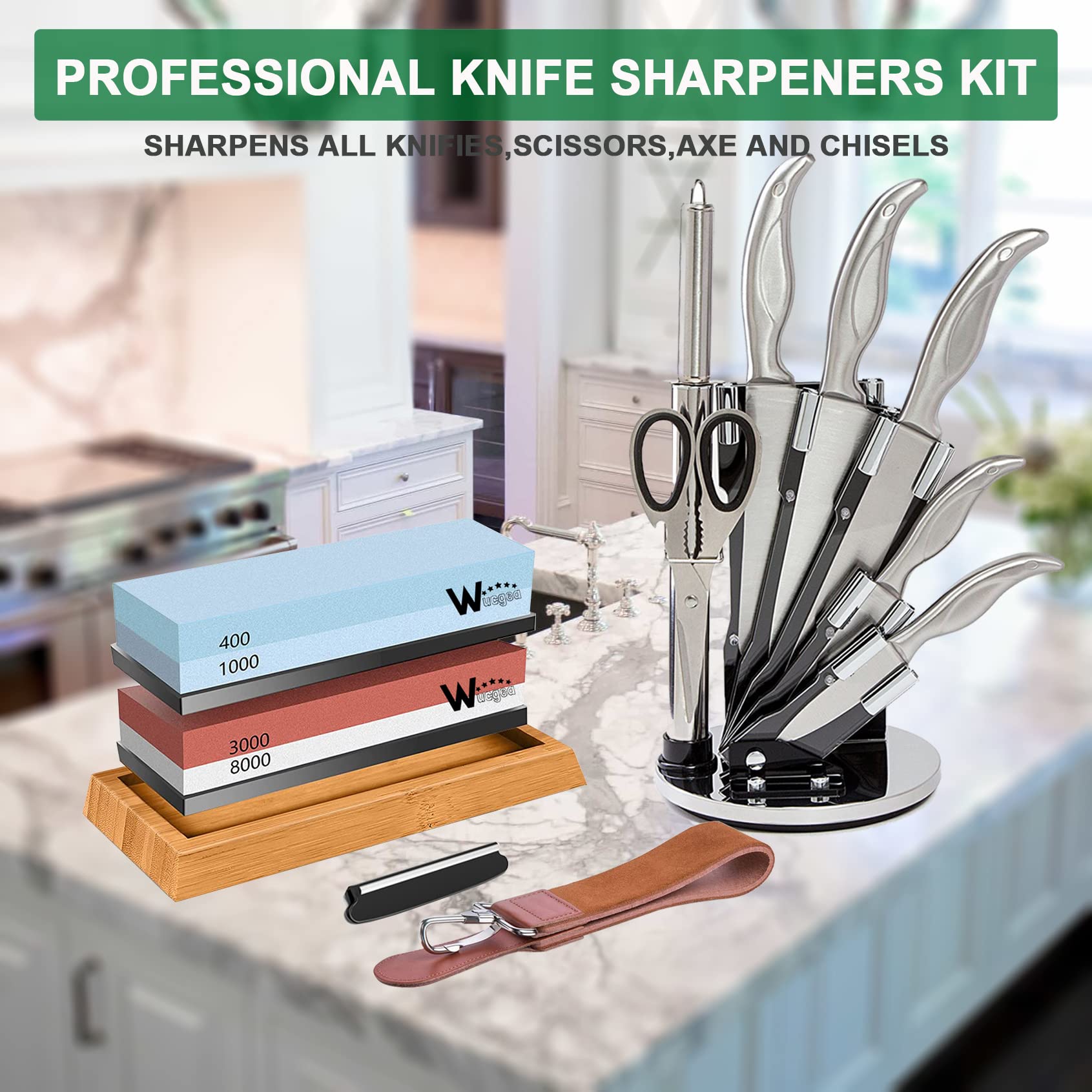 Wucgea Knife Sharpening Stone Kit - 400/1000 3000/8000 Grit Japanese Whetstone Sharpener Set with Non-Slip Rubber Base Angle Guide Flattening Stone and Leather Strop…