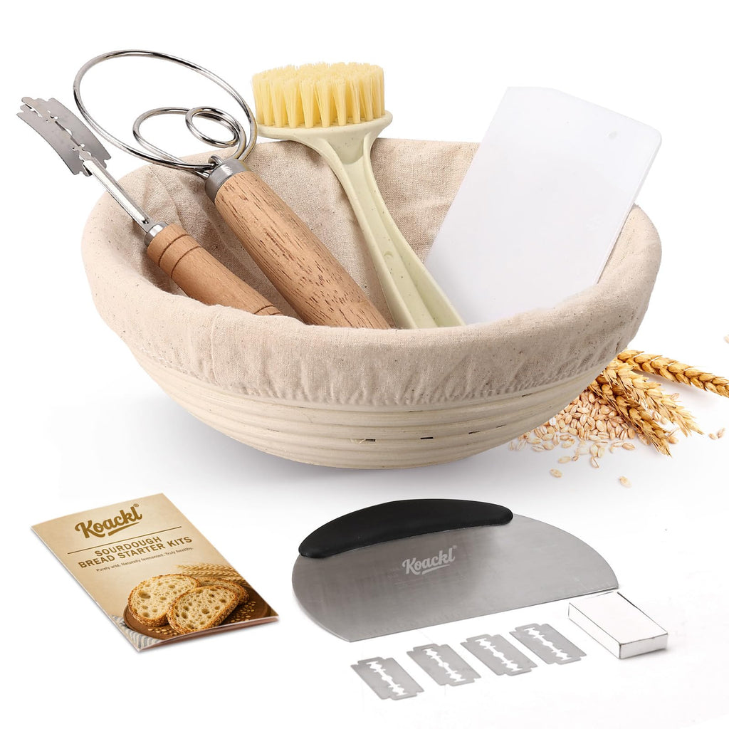 KOACKL Sourdough Bread Starter Kit, 9 Inch Round Sourdough Bread Making Tools Kit Banneton Proofing Basket with Cloth Liners, Sour Dough Baskets Bread Basket for Making Baking