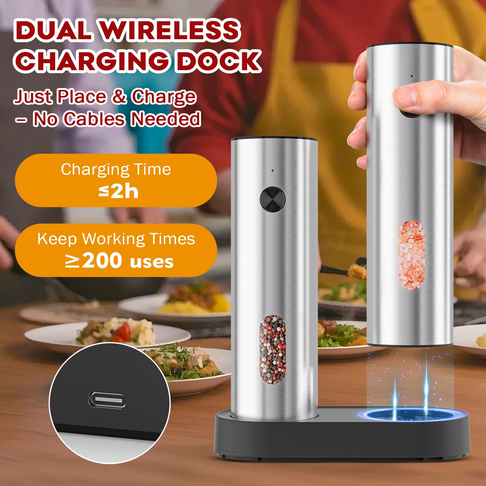 Electric Salt and Pepper Grinder Set: Automatic Rechargeable Salt and Pepper Shakers with USB Charging Base, Adjustable Coarseness, 110ml Large Capacity, Stainless Steel Pepper Grinder for Kitchen