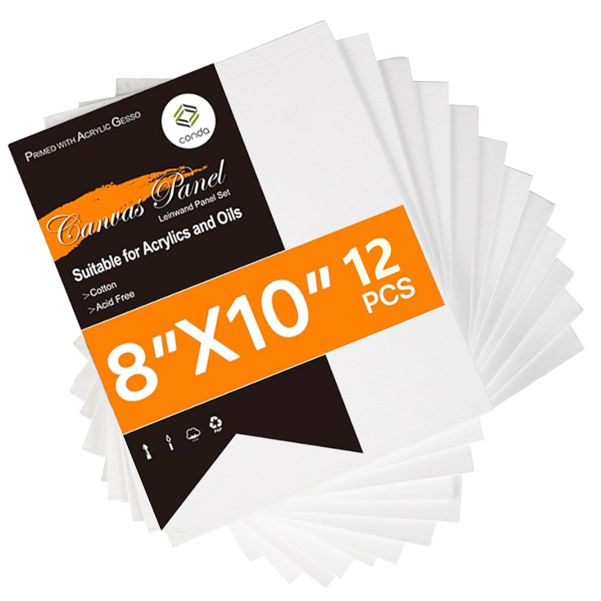 CONDA Canvas Boards for Painting, 8 x 10 inch, 12 Pack, 100% Cotton Canvas Panels, White Blank Canvases, Primed, Acid-Free, Artist Quality for Acrylic, Pouring Watercolor & Oil Painting