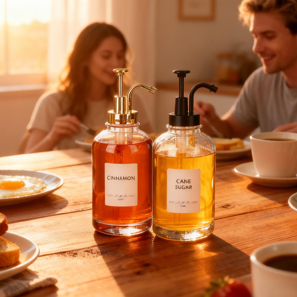 Coffee Syrup Bottles 16.9 oz - Round Glass Bottles 2 Pack with Black Pump Dispenser for Coffee Bar and Kitchen - including 36 Labels and 1 Folding Funnel