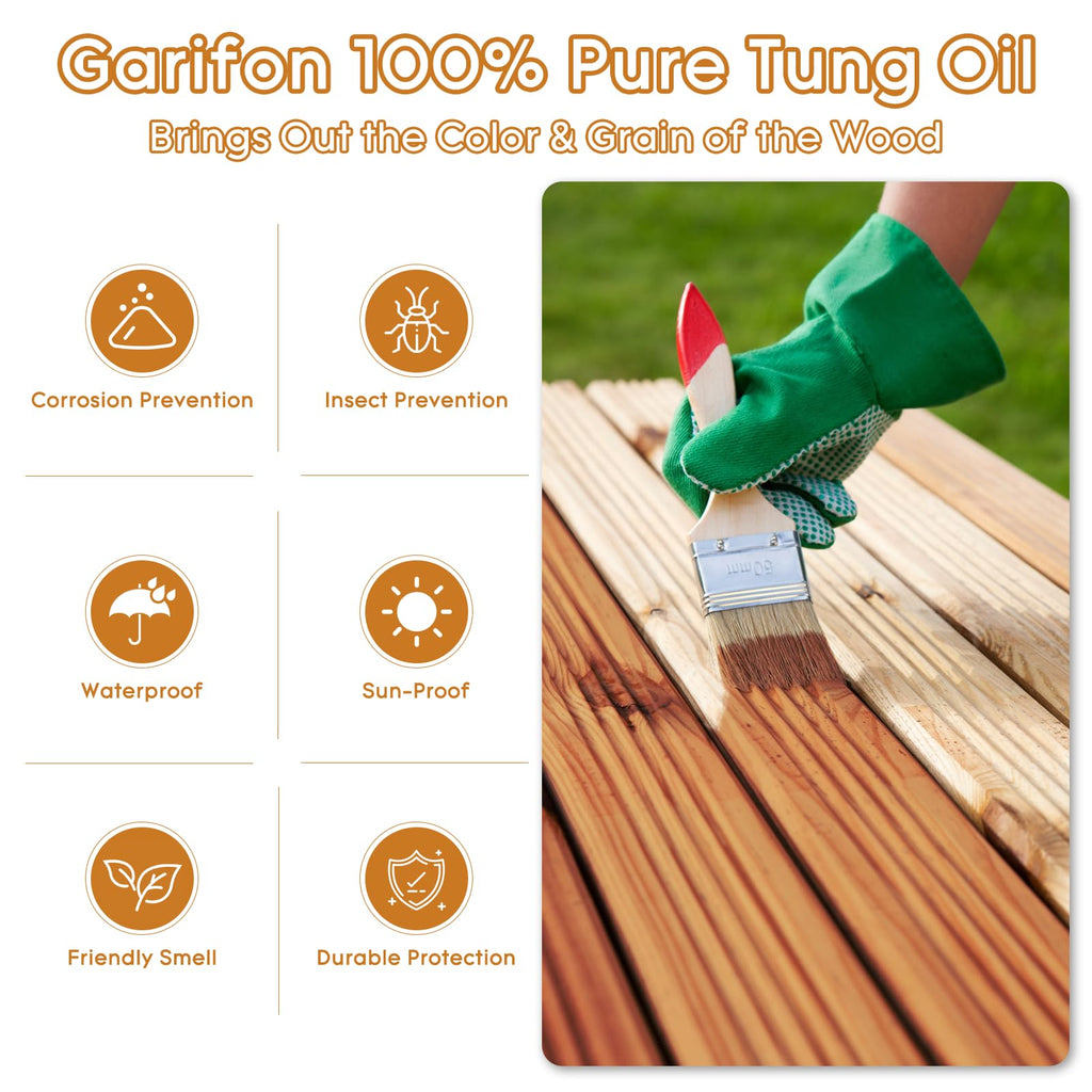 10 OZ Pure Tung Oil for Wood Outdoor/Indoor, Food Grade Sealer, Tung Oil Finish, Waterproof WoodOil for Furniture, Cutting Board, Teak, Floor — Food Safe, Indoor Use