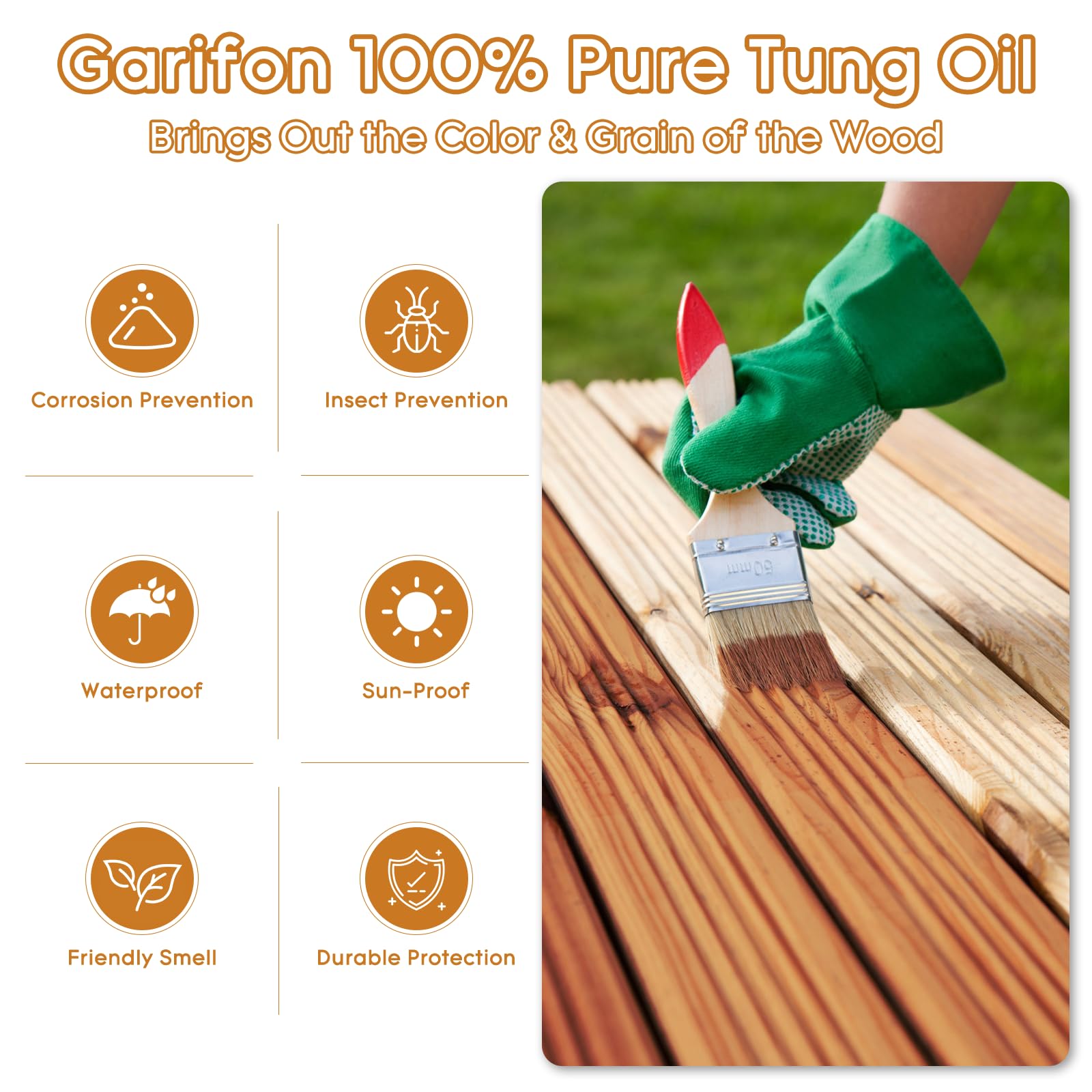 10 OZ Pure Tung Oil for Wood Outdoor/Indoor, Food Grade Sealer, Tung Oil Finish, Waterproof WoodOil for Furniture, Cutting Board, Teak, Floor — Food Safe, Indoor Use